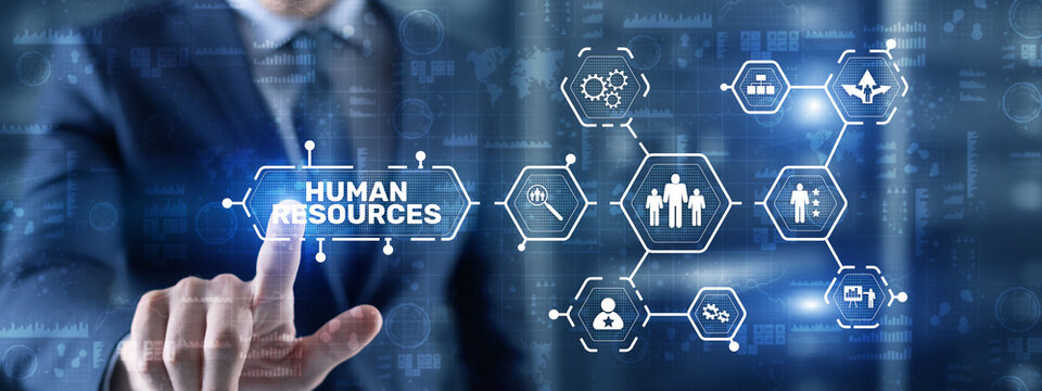 Professional touching digital interface displaying human resources management icons and network connections