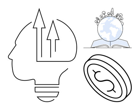 Personal development, education, global awareness, innovation, economics, sustainability. Outline of a head with arrows, a globe on a book and a coin. Personal development and education concepts