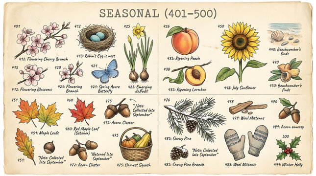 Vintage botanical and seasonal illustration collection, set of nature elements from spring to winter