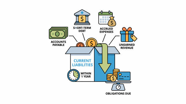 Infographic illustration of current liabilities, showing short-term debt, accounts payable, and unearned revenue as financial obligations due within one year for corporate accounting concepts.
