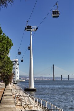 Cable car Telecabine Lisboa on the banks of the Tagus, Tagus River, Parque das Na&ccedil;&auml;es, Lisbon, Portugal