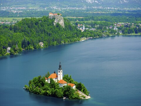 Blejski Otok Island with St. Mary's Church, Lake Bled, Karavanke, Bled, Upper Carniola Region, Slovenia