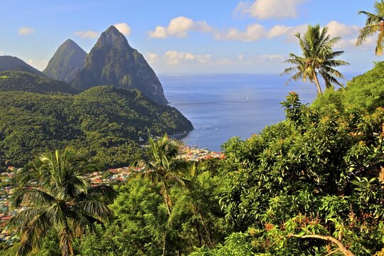 Tropical landscape with view of the village and the two Pitons, Gros Piton 770m and Petit Piton 743m, Soufriere, St. Lucia, Lesser Antilles, West Indian Islands, Caribbean Sea