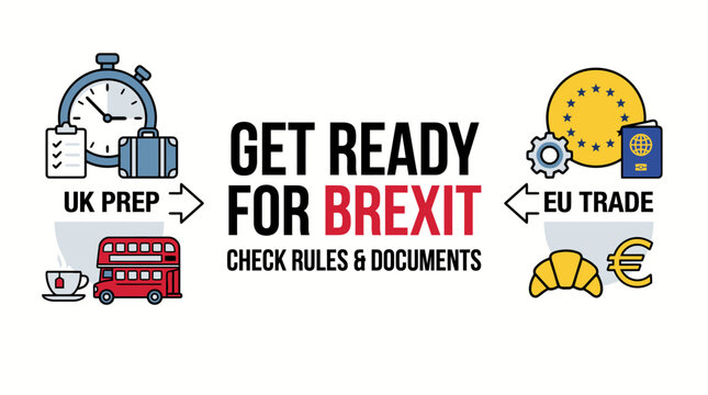 Line art illustration for Brexit preparation, featuring UK and EU symbols, guiding businesses and travelers to check new trade rules and travel documentation requirements.
