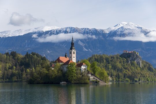 Bled Island with St. Mary's Church, Lake Bled, Lake Veldes, Blejsko jezero, Bled, Veldes, Feldes, Upper Carniola Region, Gorenjska, Slovenia, Balkans