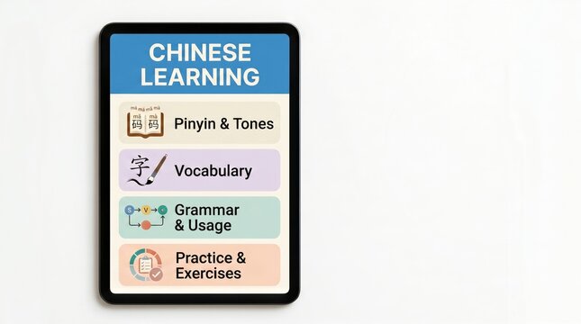 Realistic tablet display with chinese learning interface featuring pinyin vocabulary grammar and practice modules for language education, copy space