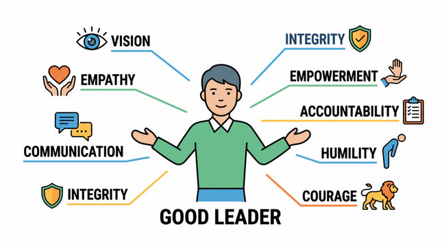 Line art illustration of good leader qualities, including vision, empathy, integrity, and communication, visualizing essential traits for effective management and professional leadership development c