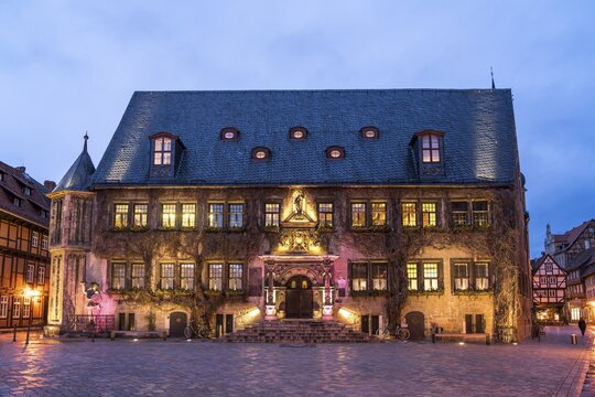 Town Hall at dusk, Quedlinburg, Saxony-Anhalt, Germany