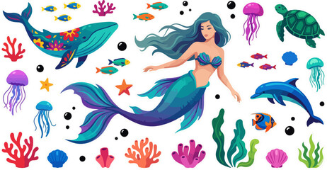 Fototapeta premium Magical underwater world with mermaid, whale, dolphin, and sea creatures