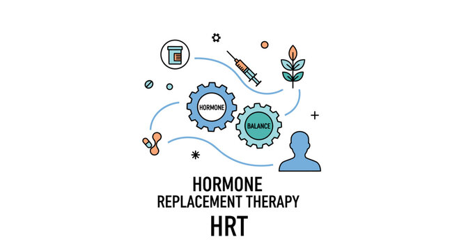 Line art illustration of Hormone Replacement Therapy (HRT) concept, featuring gear icons, medical symbols, and human silhouette for healthcare, wellness, and medical treatment visual communications.