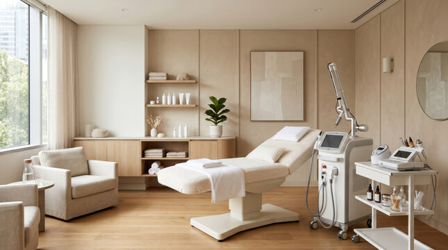 Modern dermatology clinic interior with professional laser equipment. Beige treatment room for cosmetic procedure with medical