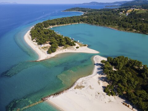 Aerial view, lagoon, beach and harbour, Glarokavos, Pallini, Kassandra Peninsula, Chalkidiki, Greece