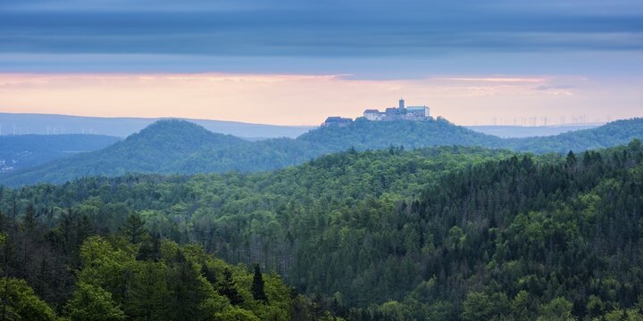 View from the Rennsteig over the Thuringian Forest to Wartburg Castle, Morgenrot, near Eisenach, Thuringia, Germany
