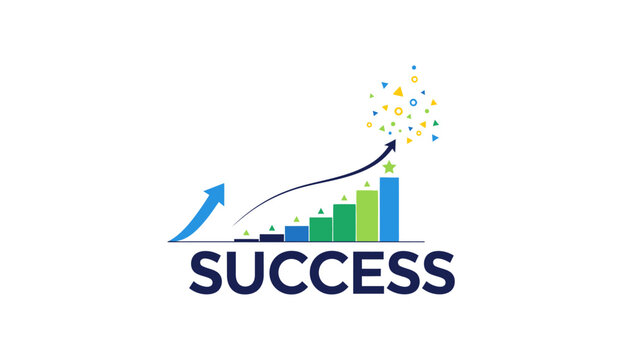 Business success concept with a rising bar chart, upward arrow, and confetti, representing growth, achievement, and goal attainment. Minimalist vector illustration.