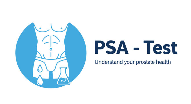 Vector illustration for a PSA test, promoting prostate health awareness and medical screening. Blue design with human anatomy icon, blood drops, and laboratory flask.