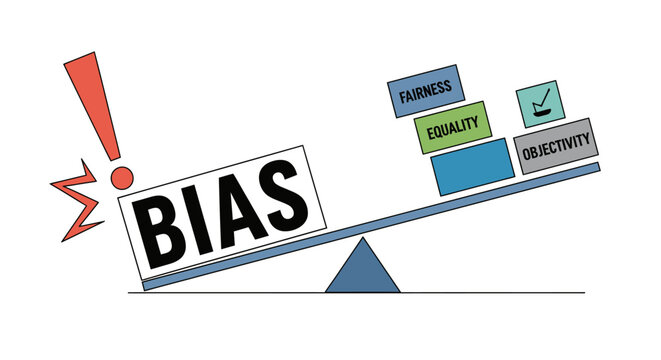Conceptual illustration of bias weighing down equality, fairness, and objectivity on a scale. Vector design representing social, ethical, or media imbalance.