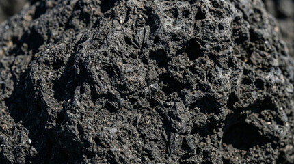 Fototapeta premium Macro view of dark volcanic rock showcasing its intricate rough texture and porous surface, a natural formation with deep craters and a rugged, earthy appearance