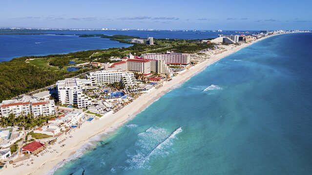 Aerial of the hotel zone with the turquoise waters of Cancun, Quintana Roo, Mexico