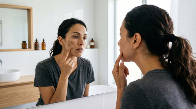 Woman looking at hyperpigmentation on face in mirror. Examining skin condition and sun spot in bathroom. Dermatological self examination, beauty routine and wellness concept for skincare treatment