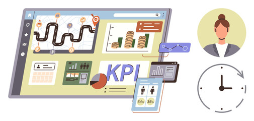 Fototapeta premium Business analytics, productivity, performance tracking, management tools, workflow optimization, data visualization. Dashboard with charts, graphs and KPI metrics. Business analytics