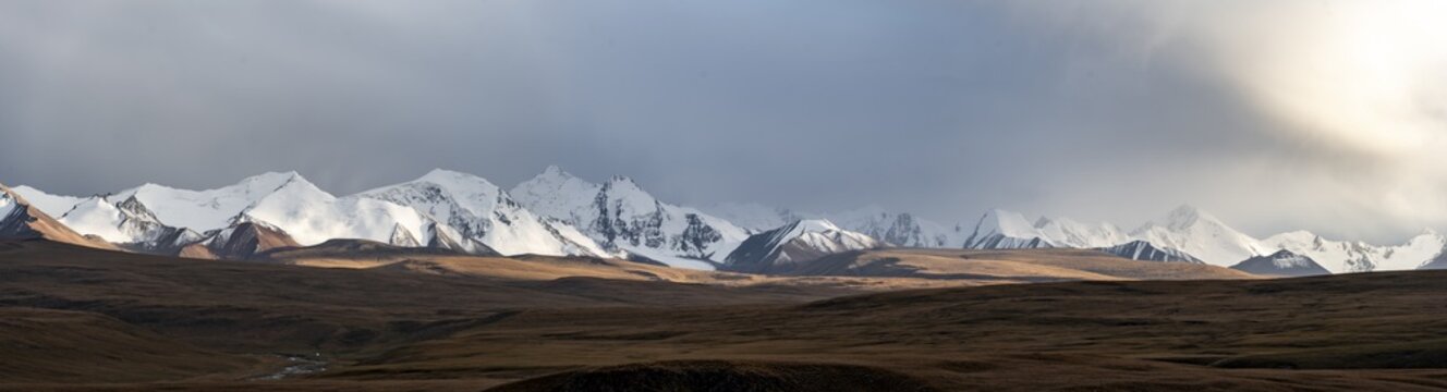 Panorama, Glaciated and snow-capped mountains, dramatic landscape, plateau, autumnal mountain landscape with yellow grass, Tian Shan, Sky Mountains, Sary Jaz Valley, Kyrgyzstan