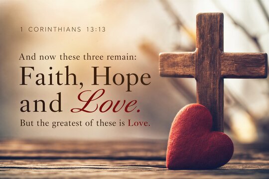 1 Corinthians 13:13 Scripture: Enduring Faith, Hope, and Love, with Love as the Greatest Virtue.