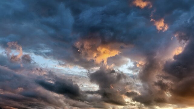 Dramatic cloudy sky at sunset, dark clouds, Orkney Islands, Scotland, Great Britain