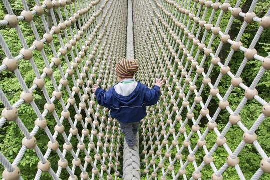 Toddler, 3 years, walking over a secured rope above treetops, Hainich Tree Top Walk, Hainich National Park, Thuringia, Germany