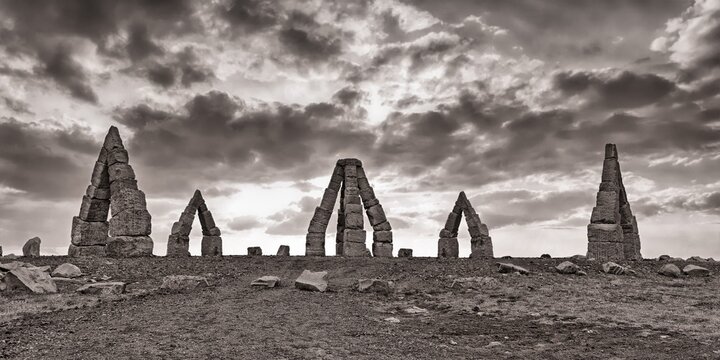 Dramatic cloud atmosphere over monumental stone circle, Arctic Henge, Raufarh&ouml;fn, Melrakkasl&eacute;tta, North East Iceland, Iceland