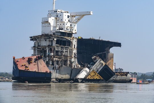 Huge container ship ready to getting break up, Chittagong Ship Breaking Yard, Chittagong, Bangladesh