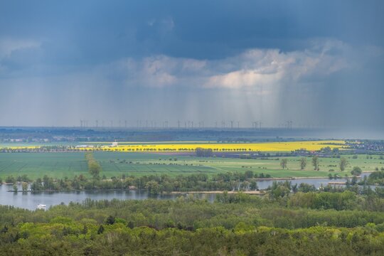 Thunderstorm over the Havel, view from the observation tower on the G&ouml;tzer Berg, Gro&szlig; Kreutz, Potsdam-Mittelmark, Brandenburg, Germany