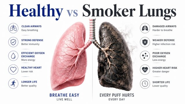 Comparison of healthy and smoker lungs with illustrations showing differences in airway health and risk factors. concept of respiratory health, lung damage, smoking effects