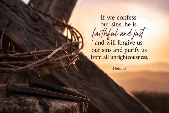 Divine Forgiveness and Cleansing: Confess Sins, Receive Purity from God, Faithfully Rendered with Elegant Typography on a Renewing Background.