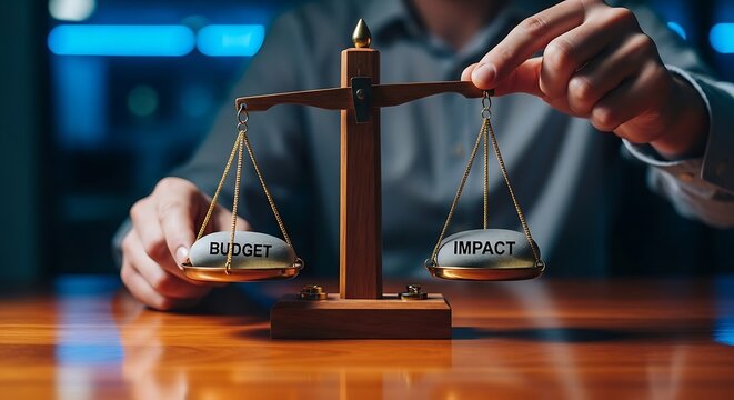 Balance scale holding stones labeled budget and impact adjusted by professional hands in a dark office. Sharp focus and warm bokeh create a moody atmosphere for corporate investment ads.