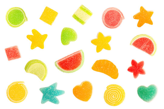 collection of assorted fruit jelly candies in various shapes like stars, hearts, and fruit slices. Sweet sugar-coated gummy treats isolated on white background.