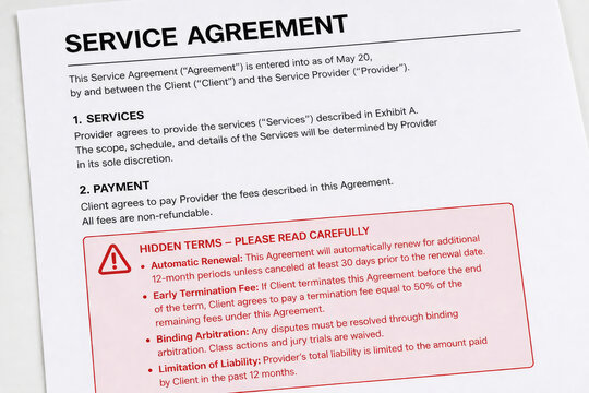 Service agreement document with hidden terms and conditions highlighted by red warning box. Legal contract paper with fine print and clauses about automatic renewal and termination fee for business