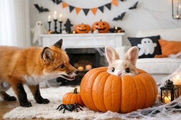 Naklejka premium Adorable bunny in pumpkin with curious fox in spooky halloween decor living room. concept of halloween celebration, cute animal interaction, festive home decoration