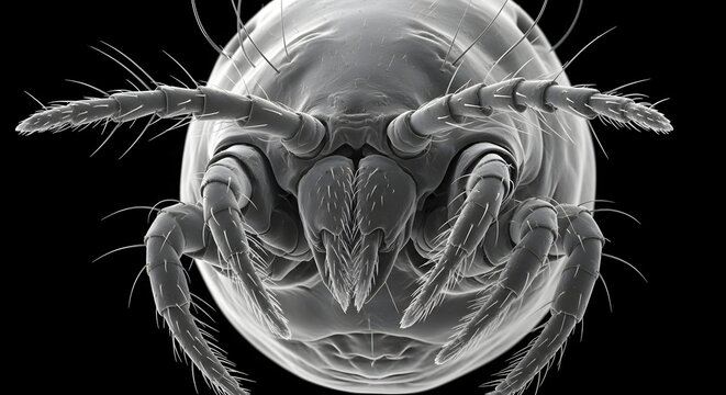 Detailed scanning electron micrograph showing the intricate anatomy of a tiny mite on a dark field