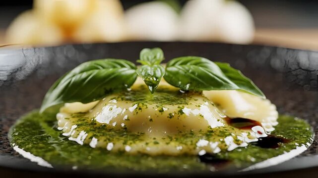 Delicious Ravioli Dish with Fresh Basil Pesto Sauce Being Poured.