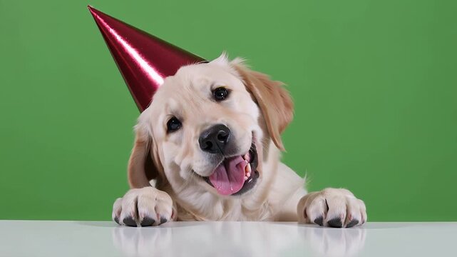 Dog, golden retriever and party hat on green screen for birthday, celebration and happy anniversary. Puppy, pet and labrador with tongue out, smile and paws on table for festive joy and fun