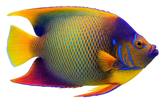 Queen angelfish with vibrant colors swimming in dark water png isolated transparent