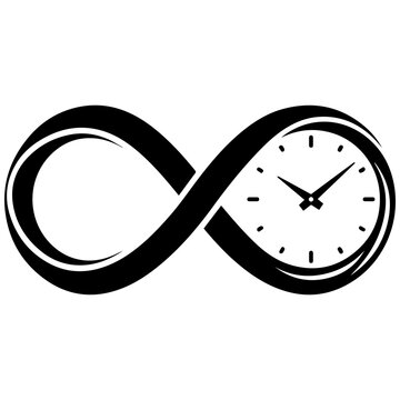 Infinity symbol integrated with a clock face, representing timelessness and eternity in a minimalist black and white design.