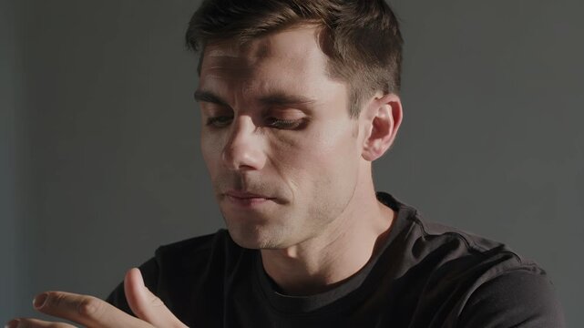 Man, communication and conversation in studio for marketing, interview and business presentation. Male person, talking and explaining with gesture, speaker and testimonial for social media content