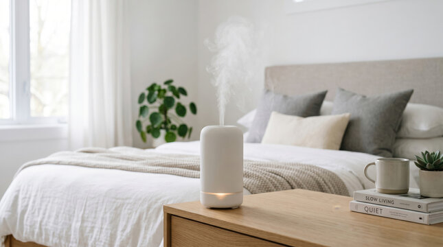 Ceramic humidifier emitting mist on bedroom bedside table. Modern minimal electric diffuser for home air moisture and aromatherapy. Relaxing interior decor for comfortable healthy living environment