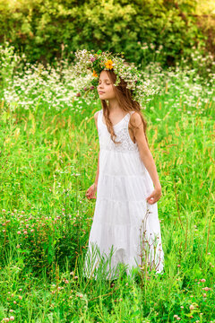 Cute smiling little girl  with flower wreath on the meadow at the farm. Portrait of adorable small kid outdoor.