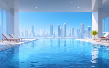 Obraz premium Modern indoor swimming pool with city skyline view and relaxation area