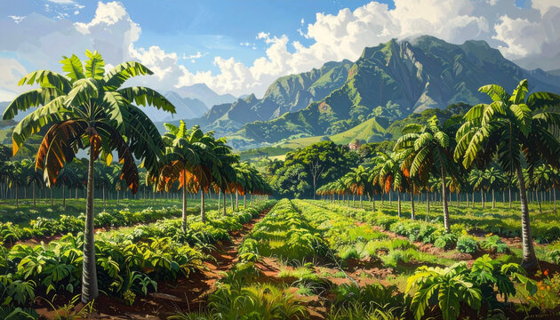 Lush green valley tropical plantation