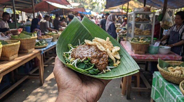 Authentic Pecel Semanggi Traditional Indonesian Street Food on Banana Leaf