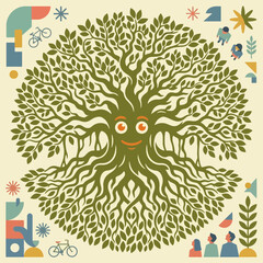 Fototapeta premium Stylized banyan tree vector art with a friendly face, representing global community, ecological balance, and sustainable growth within a vibrant natural design