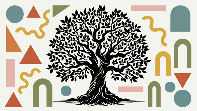 Vibrant banyan tree vector illustration with abstract organic and geometric shapes, symbolizing growth, nature, and modern design aesthetics